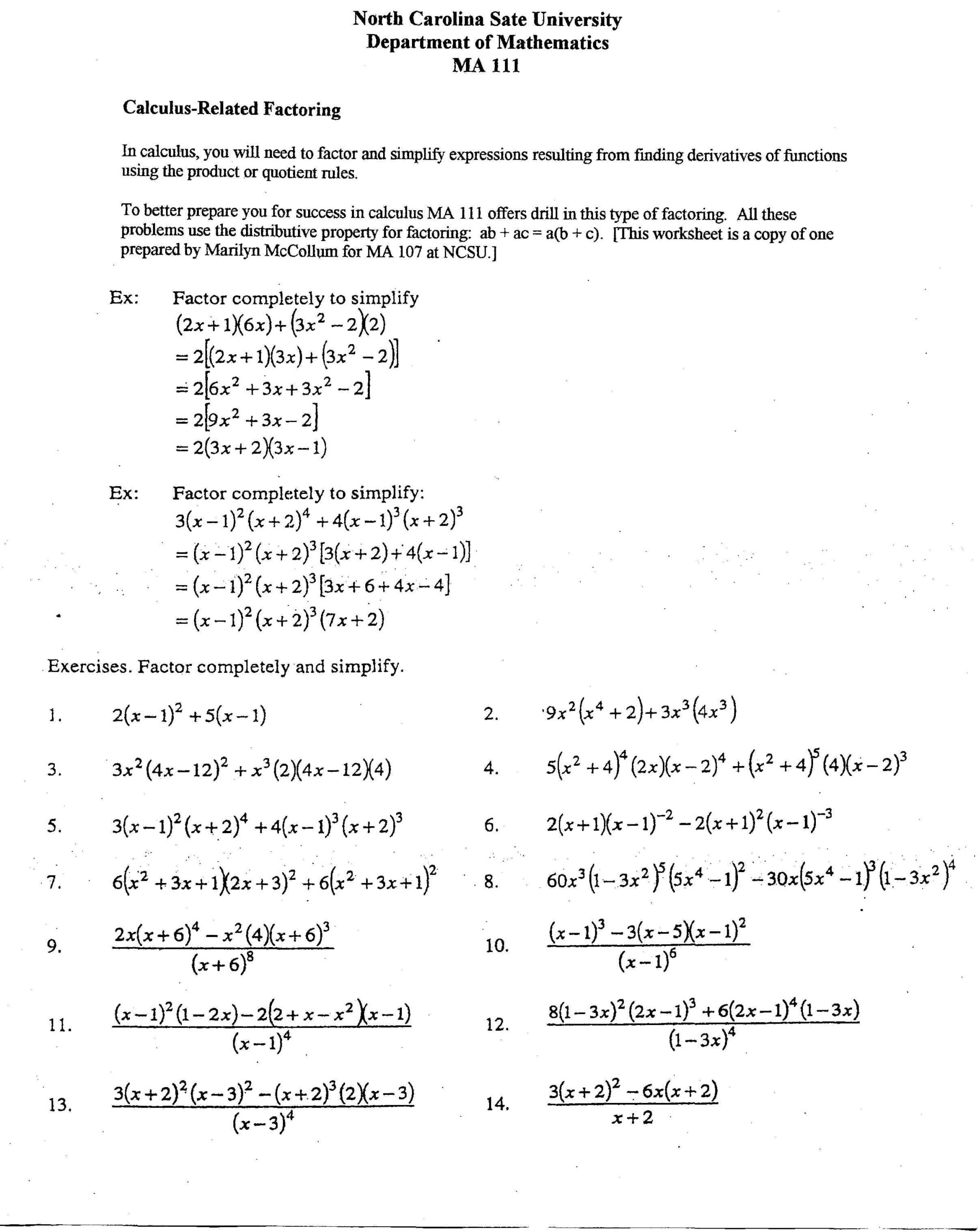 Calculus Related Factoring Printable MySchoolsMath Worksheets Library