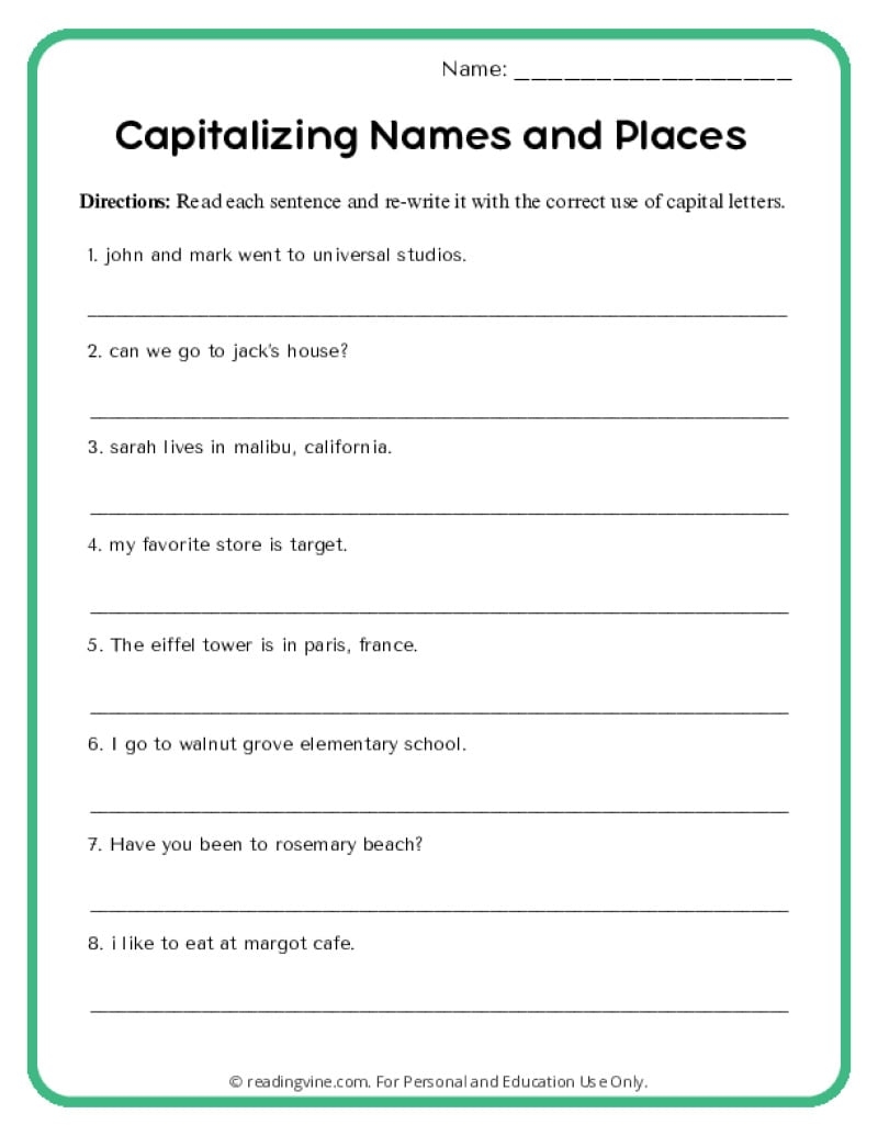 Capitalization Worksheets ReadingVine