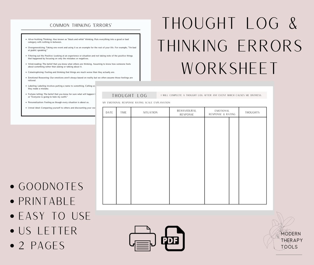 CBT Thought Log Thinking Errors Sheet Printable PDF Goodnotes Thought Card diary Lmft Lcsw Therapy Worksheet Etsy