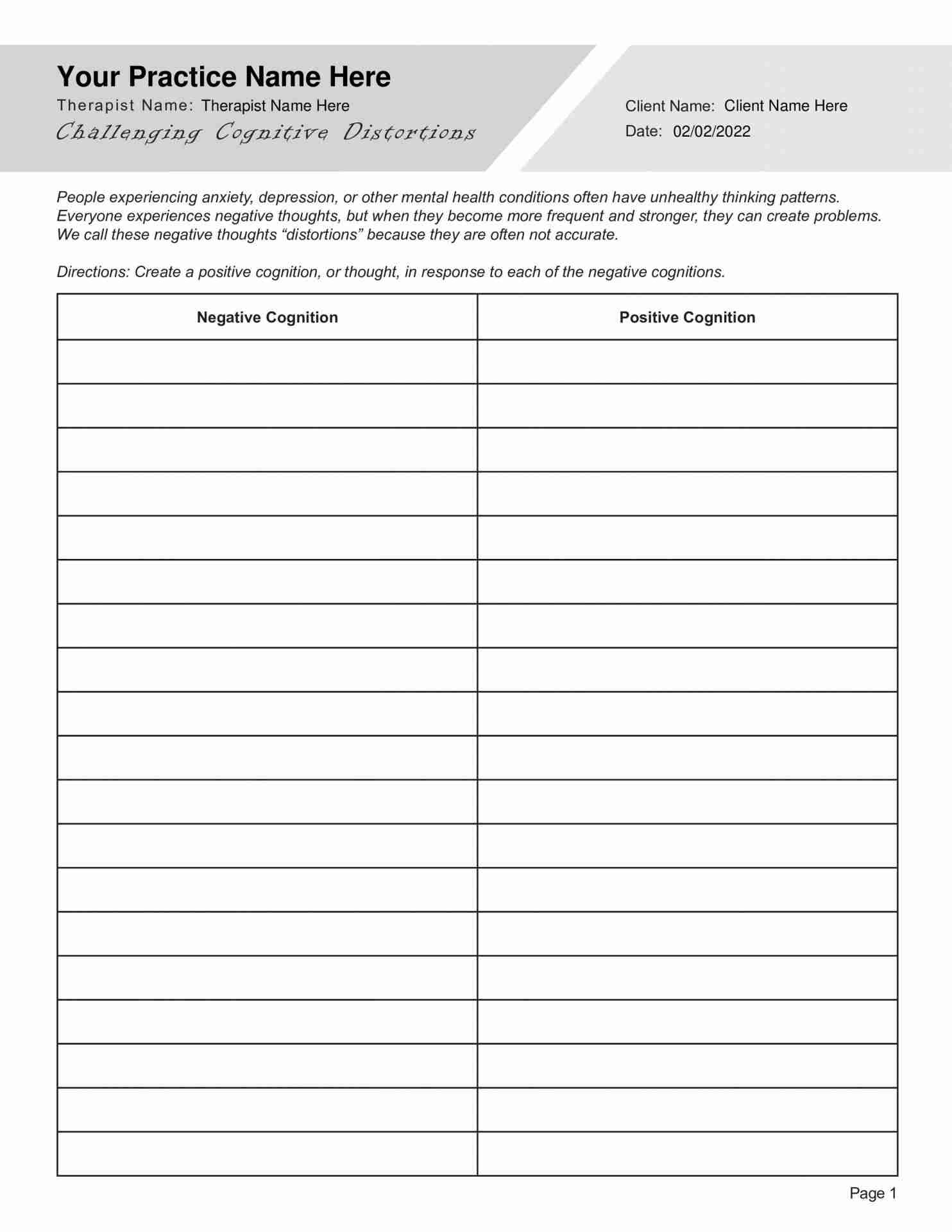 Challenging Cognitive Distortions Worksheet PDF 