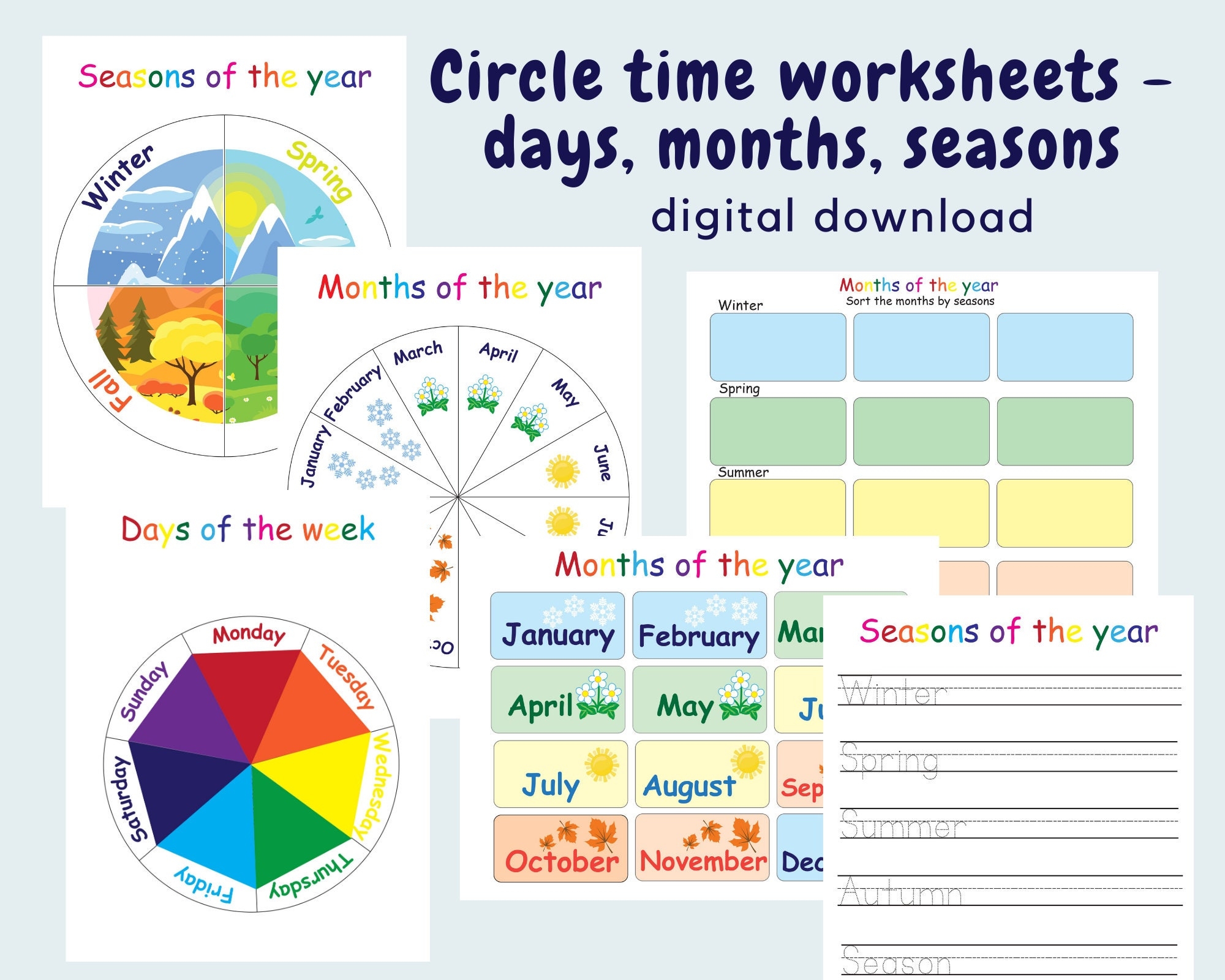 Circle Time Worksheets For Kids Days Months And Seasons Wheels And Tracing Worksheets Montessori Preschool And Kindergarten Materials Etsy