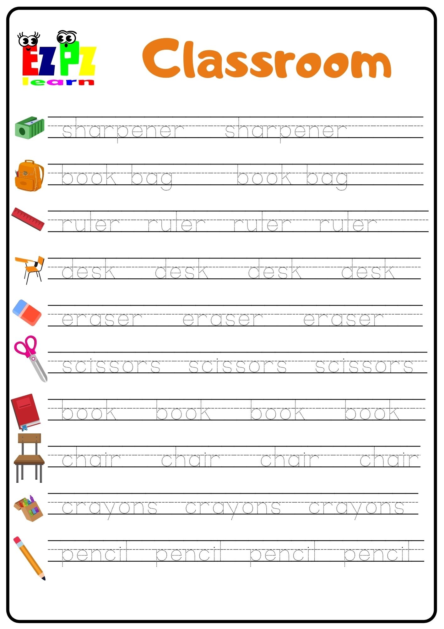 Classroom Objects 2 Word Tracing Worksheet Ezpzlearn