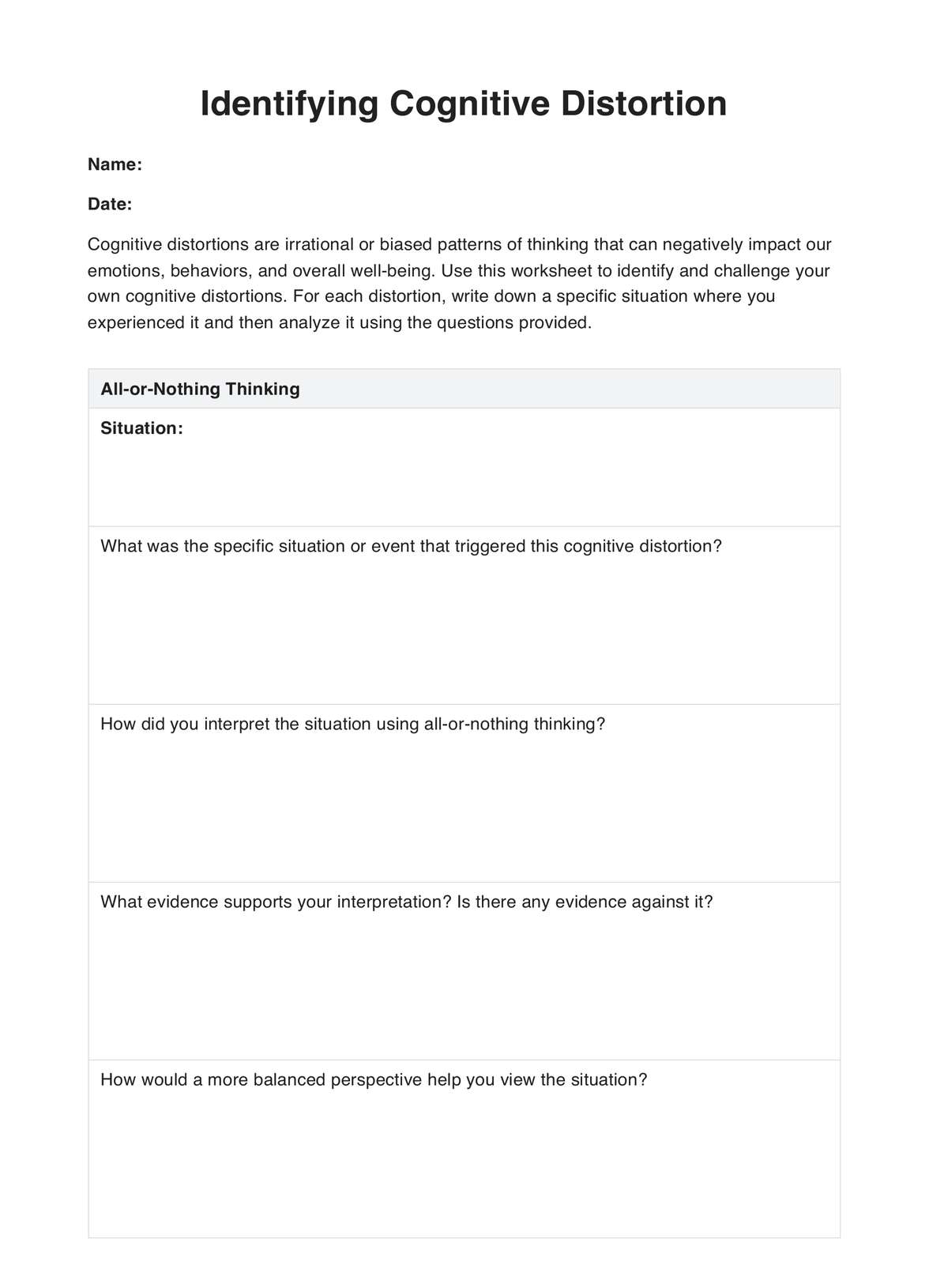 Cognitive Distortions PDF U0026 Example Free Download
