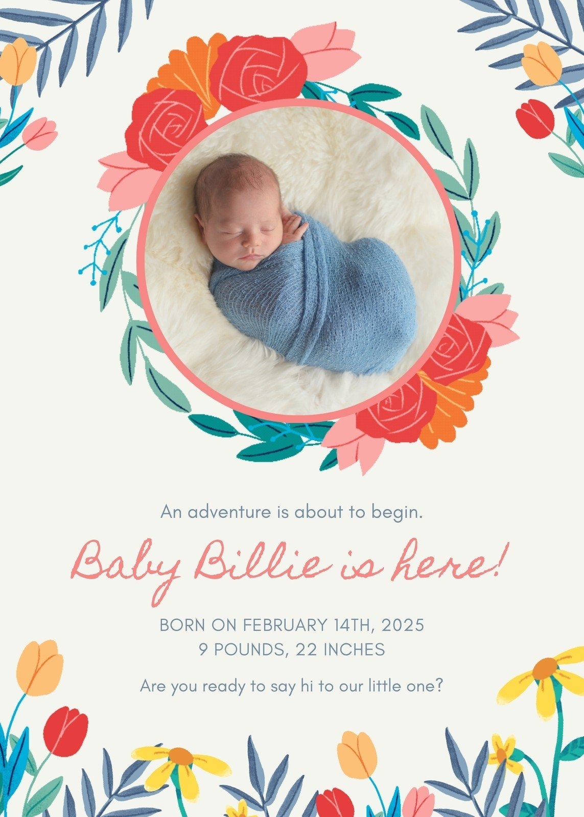 Colorful Illustration Delicate Floral Birth Animated Baby Announcement