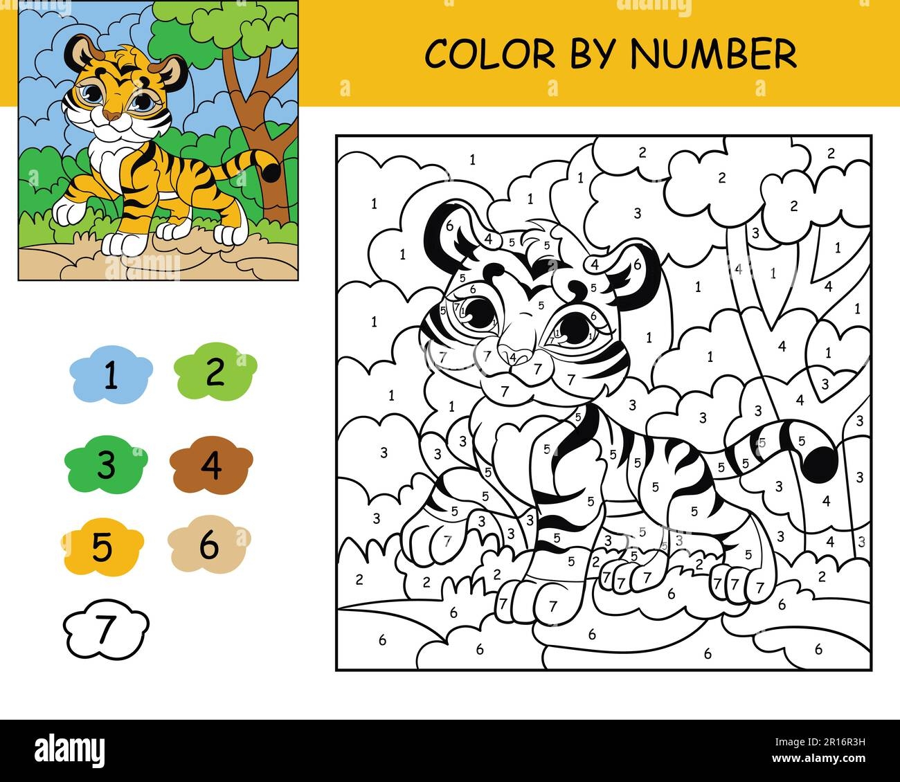 Coloring Puzzle With Number Of Color For Kids With Cute Tiger 