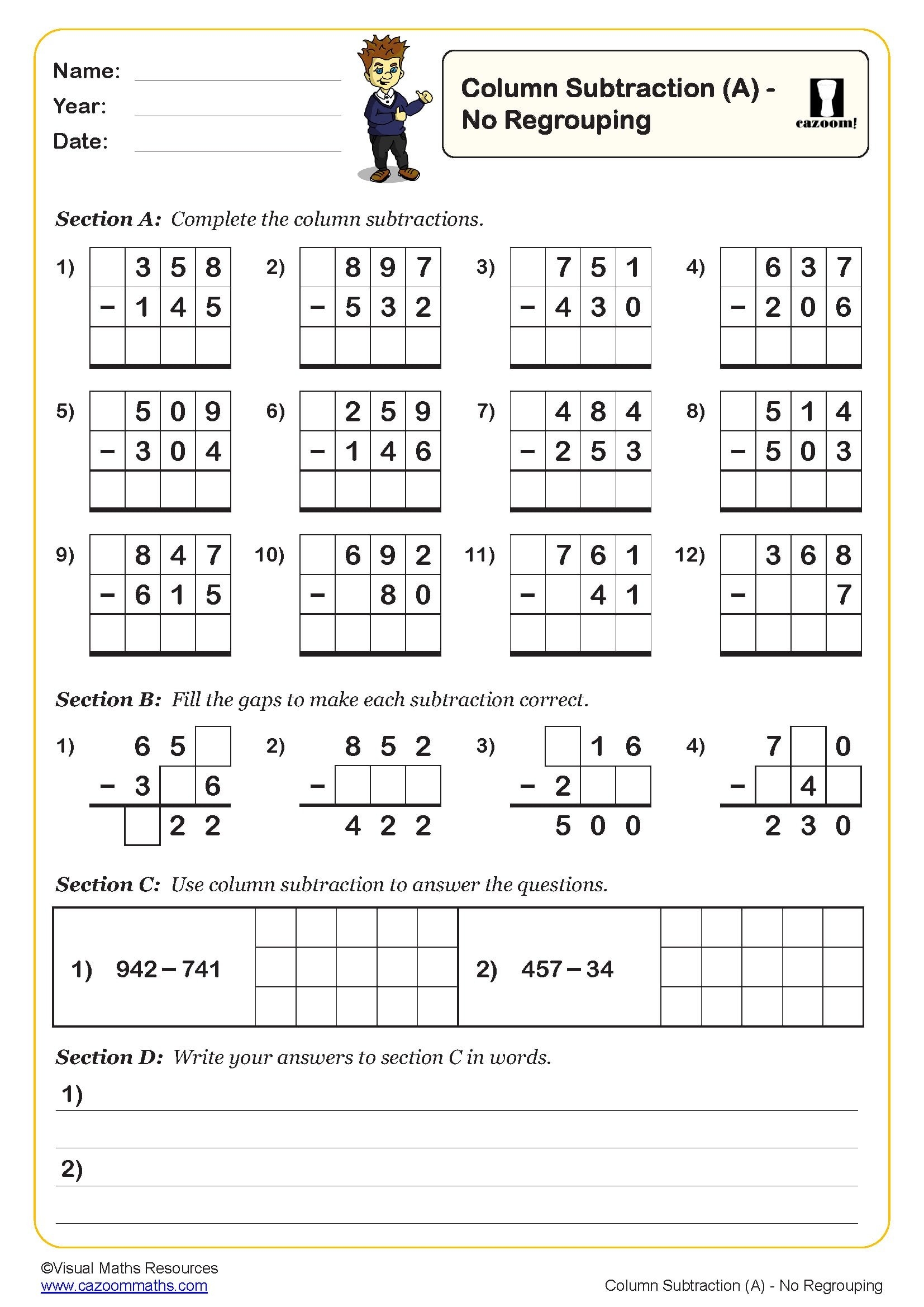 Column Subtraction A Worksheet PDF Printable Subtraction Worksheets