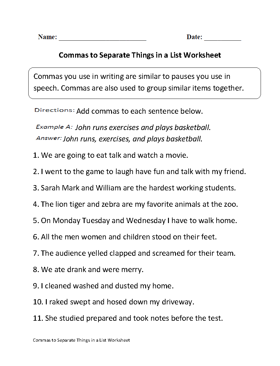 Commas Worksheets Commas Separate Things In List Worksheet