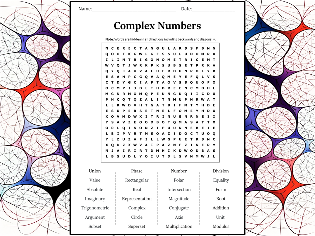 Complex Numbers Word Search Puzzle Worksheet Activity Teaching Resources