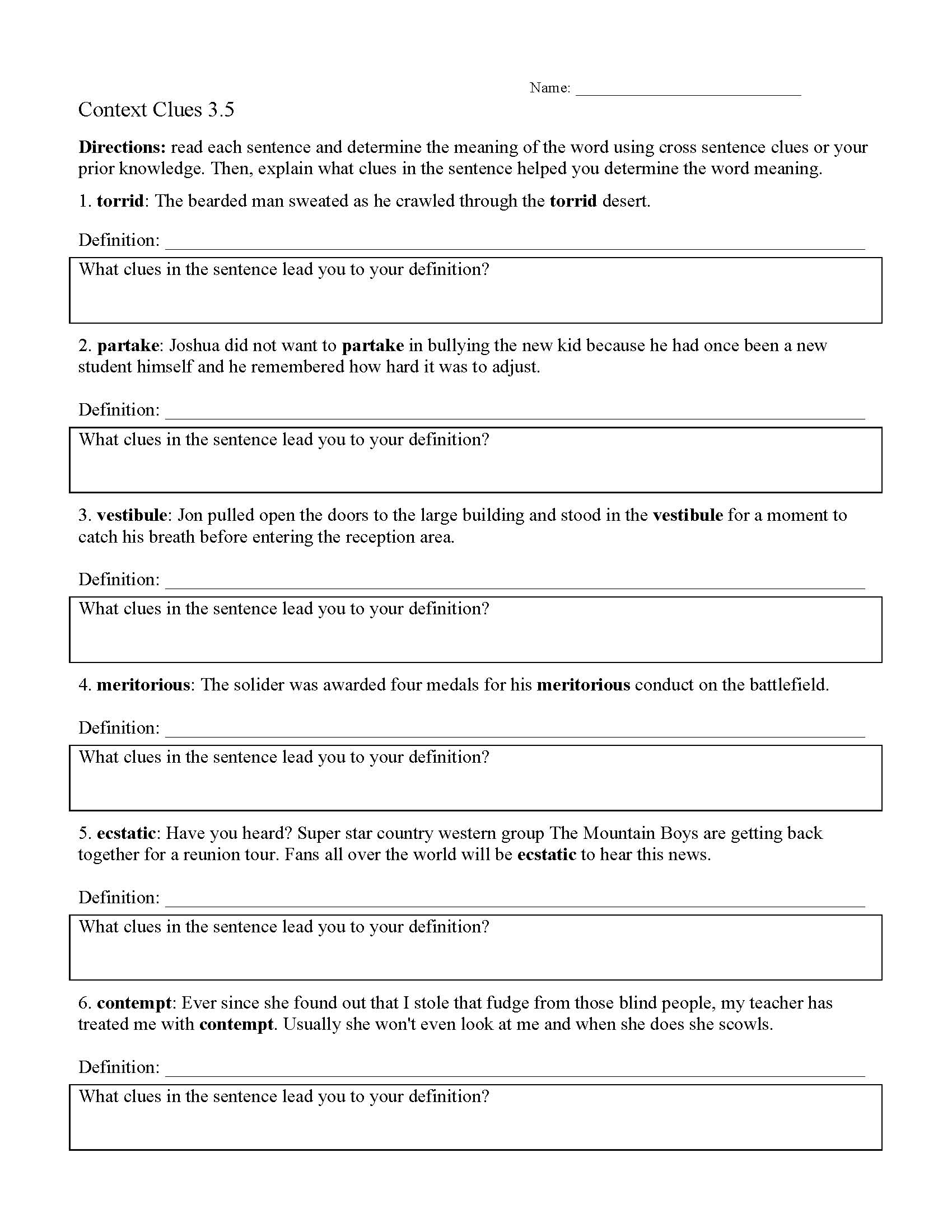Free Printable Vocabulary Worksheets 8th Grade