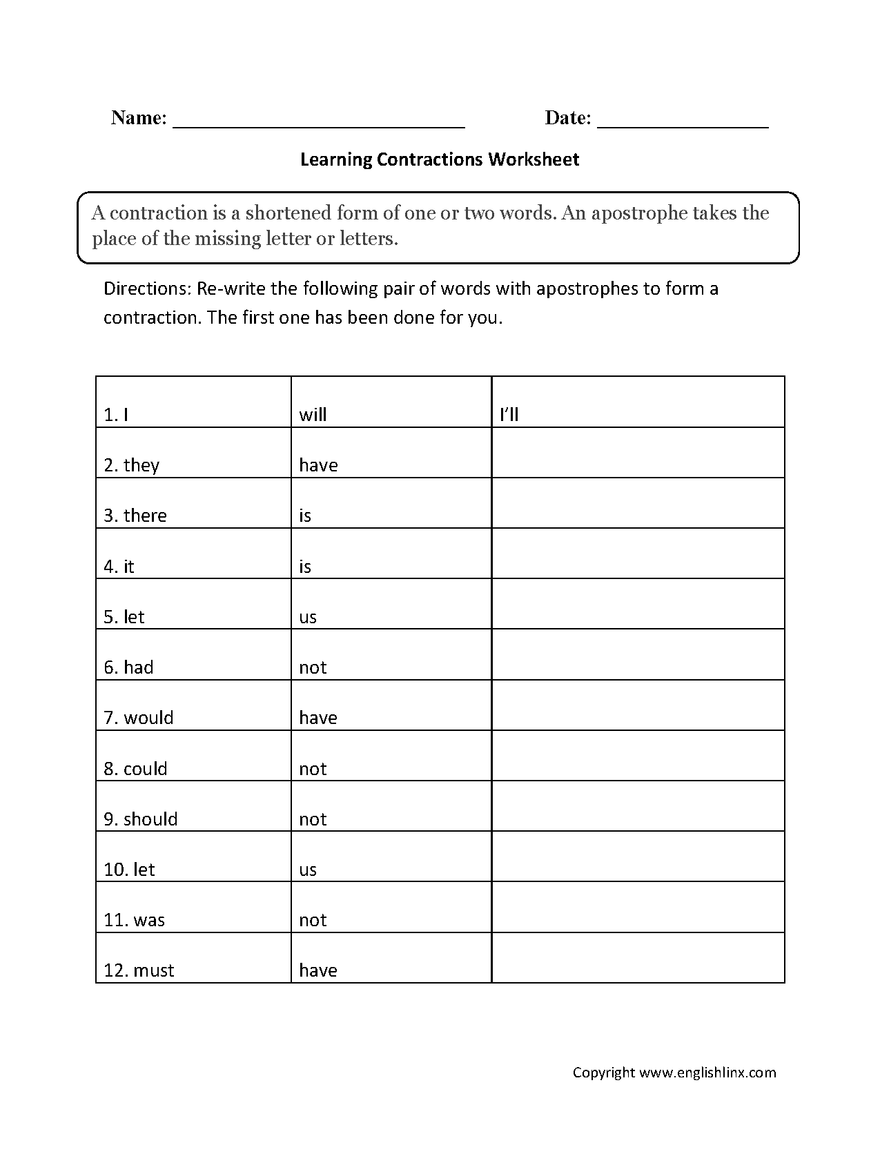 Contractions Worksheets Learning Contractions Worksheets