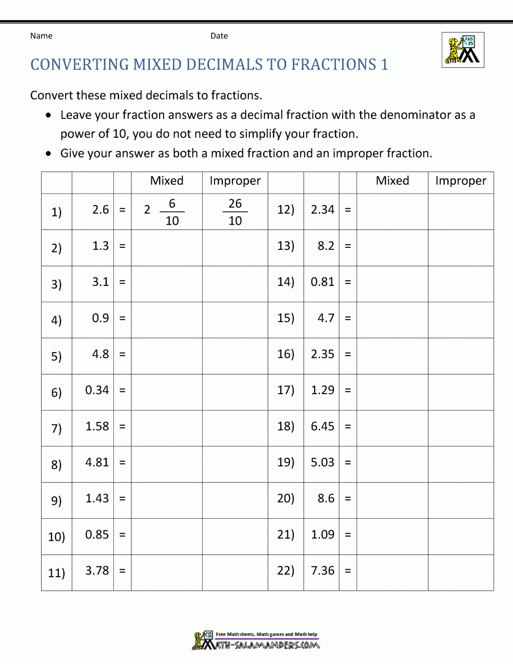 Converting Decimals To Fractions Worksheet Converting Decimals To Fractions Worksheet