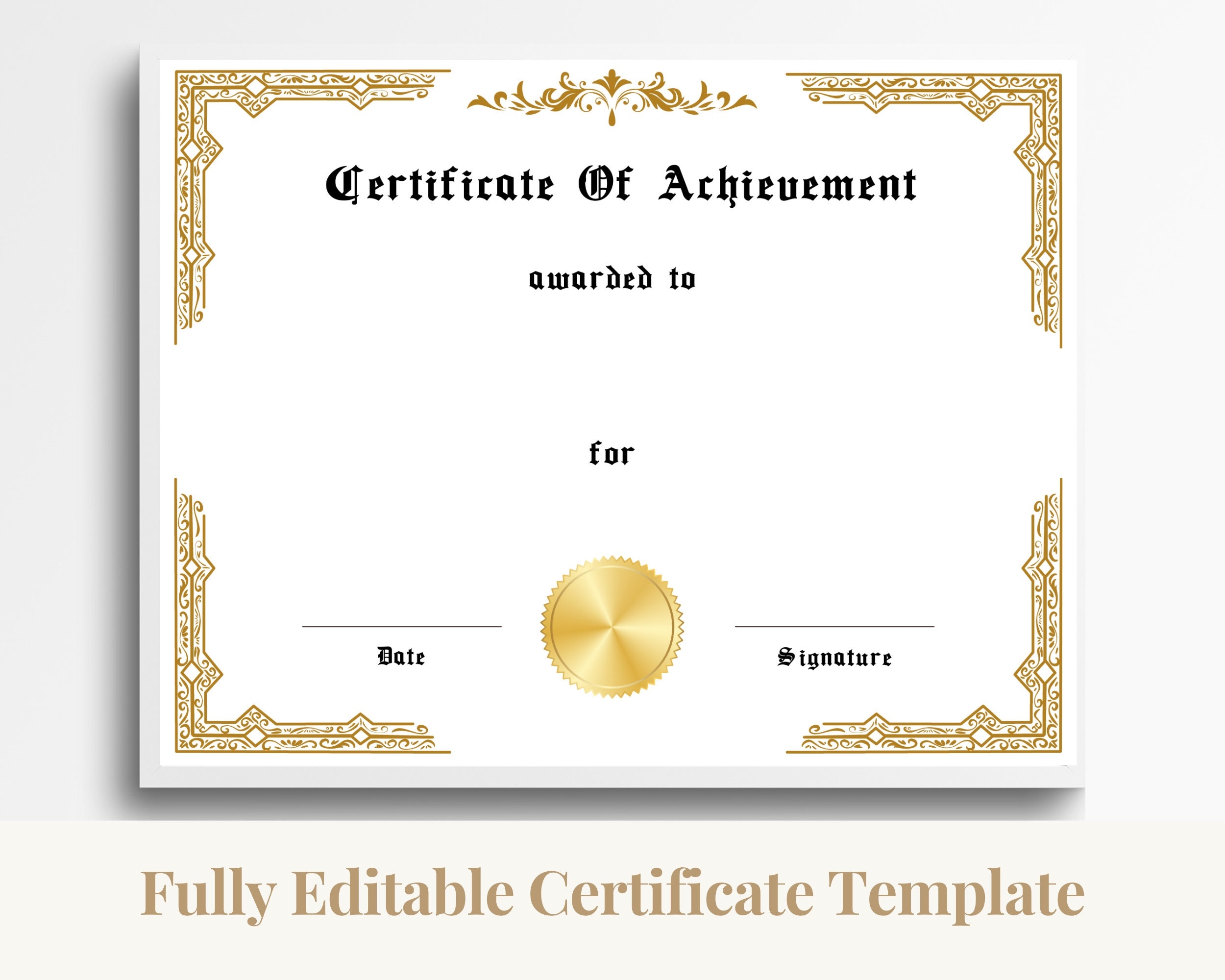 Custom Blank Certificate Of Achievement Template Editable 