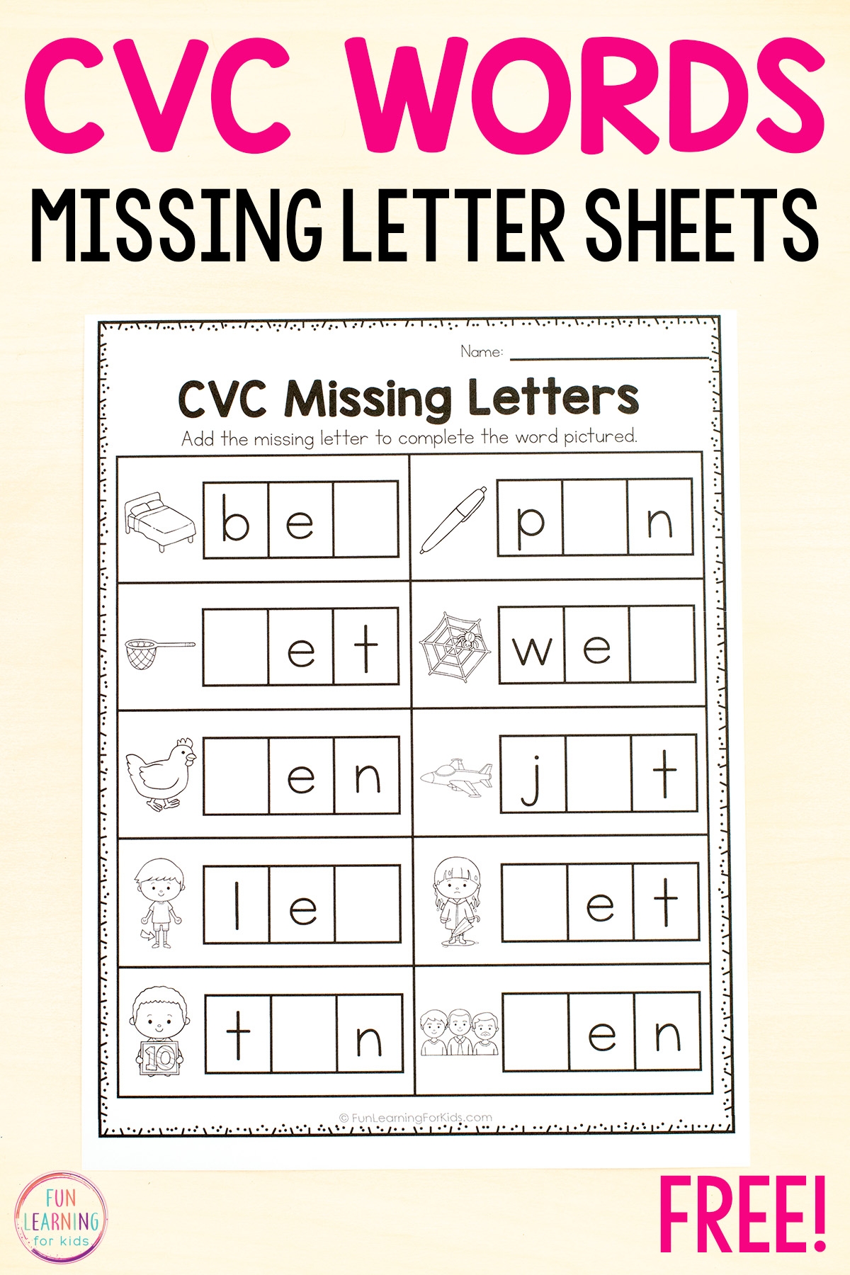 CVC Missing Letter Worksheets For Phonics Practice