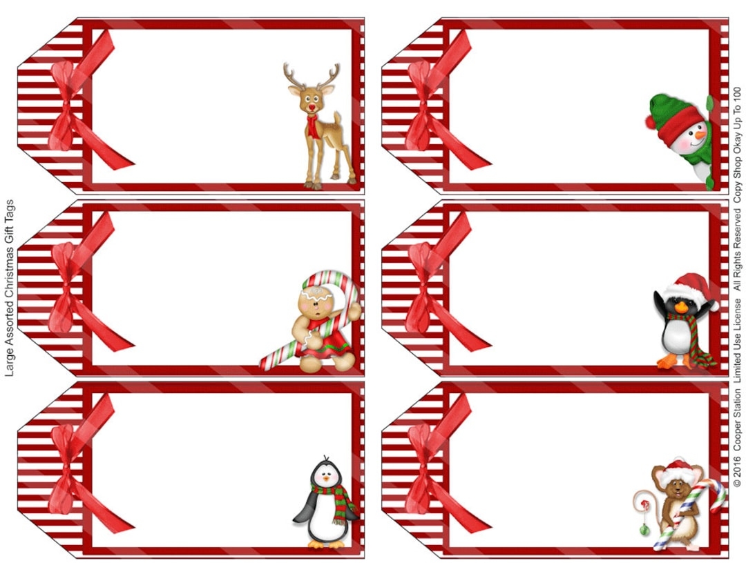 Digital Printable Assorted Large Holiday Gift Tags Christmas Bookmark Penguin Deer Snowman Mouse Candy Cane Etsy