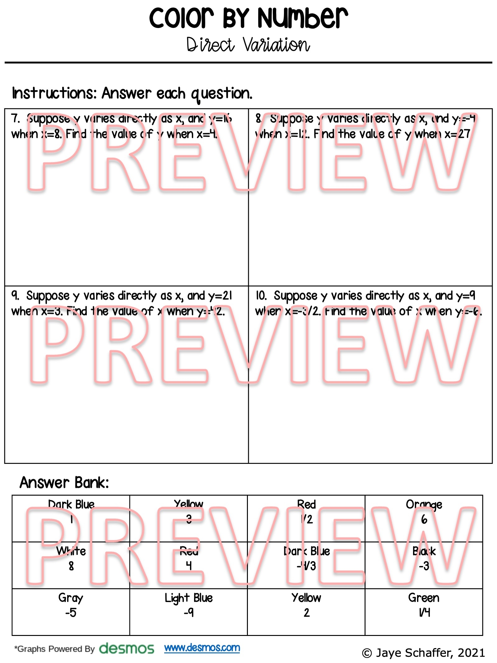 Direct Variation Coloring Activity Made By Teachers