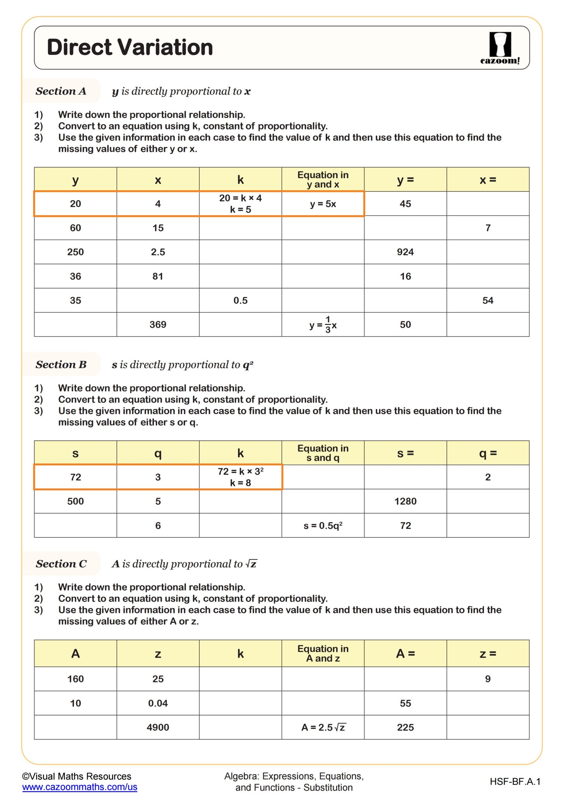 Direct Variation Worksheet PDF Printable Algebra Worksheet