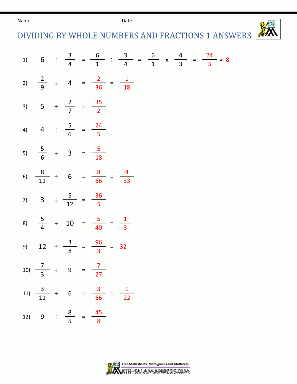 Dividing Fractions By Whole Numbers