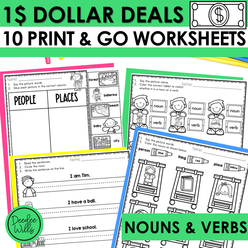 Dollar Deal Noun And Verb Practice Worksheets For Kindergarten 
