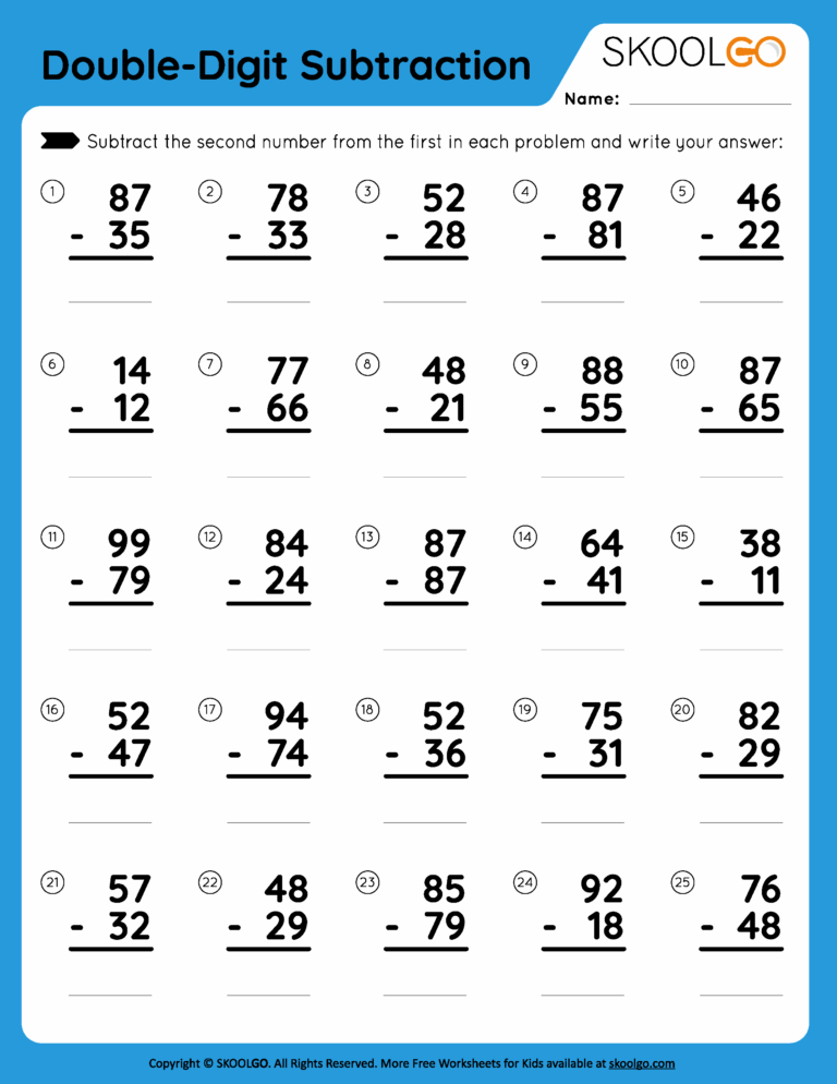 Double Digit Subtraction Free Worksheet For Kids SKOOLGO Worksheets Library