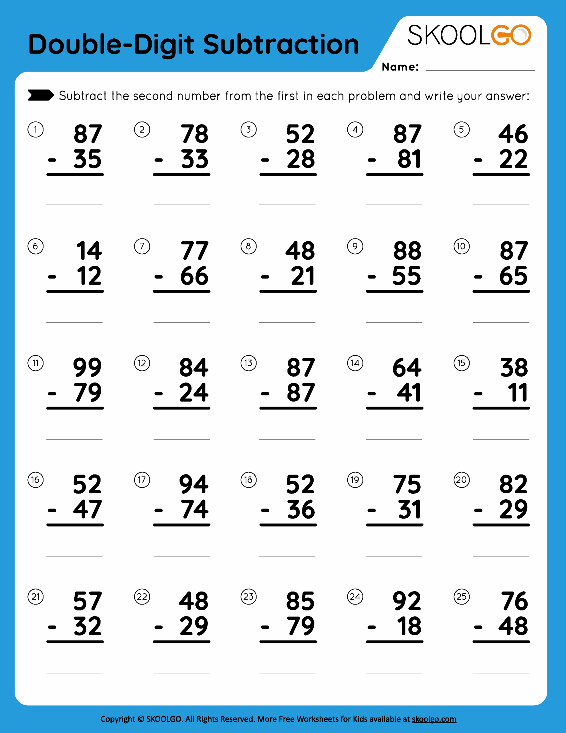 Double Digit Subtraction Free Worksheet For Kids SKOOLGO Worksheets Library