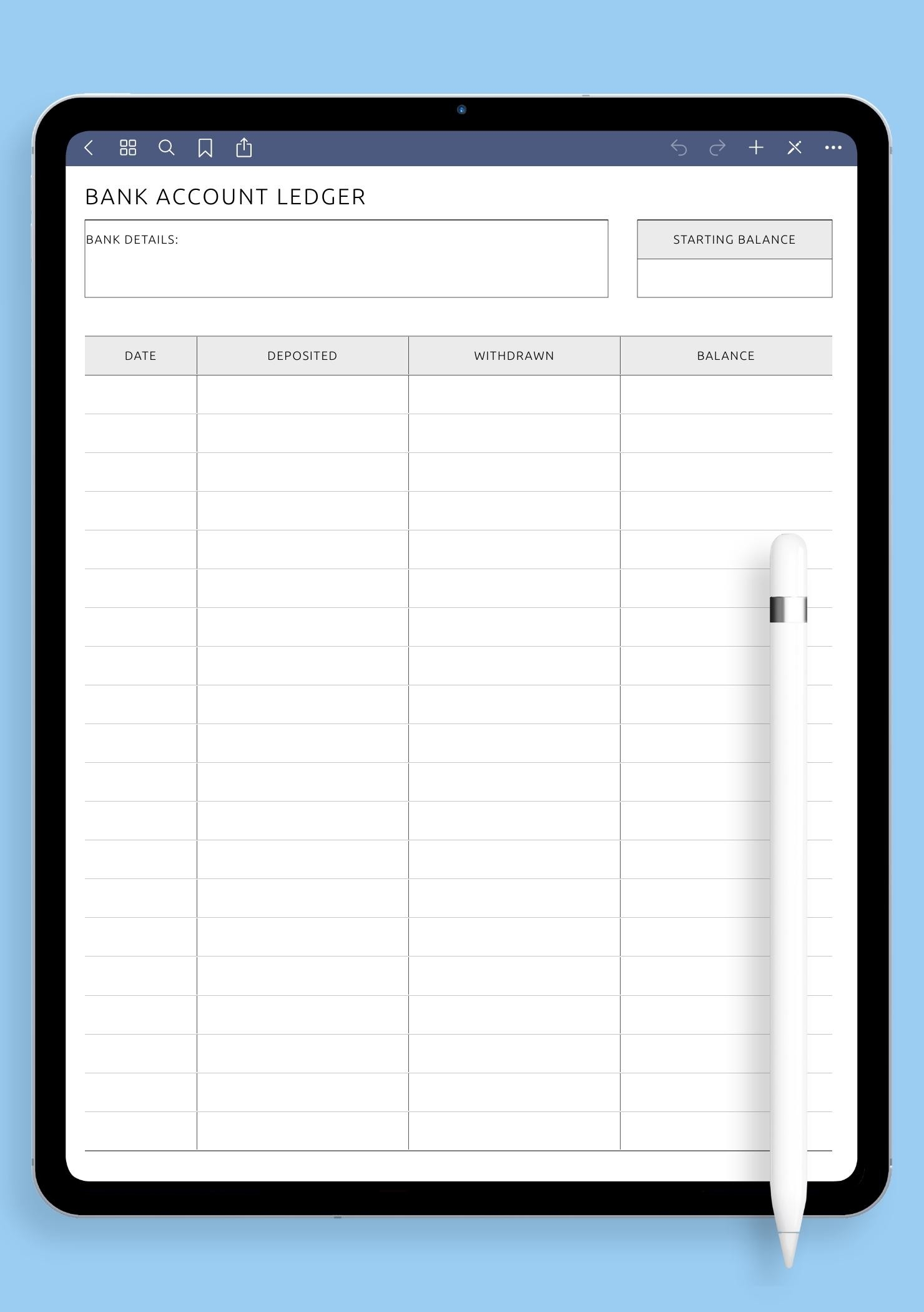 Download Bank Account Ledger Printable PDF Or Digital For ReMarkable Kindle Supernote