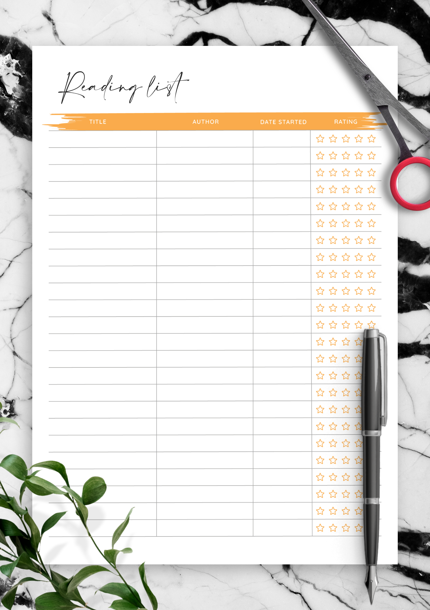 Download Printable Reading List Template With Rating Stars PDF