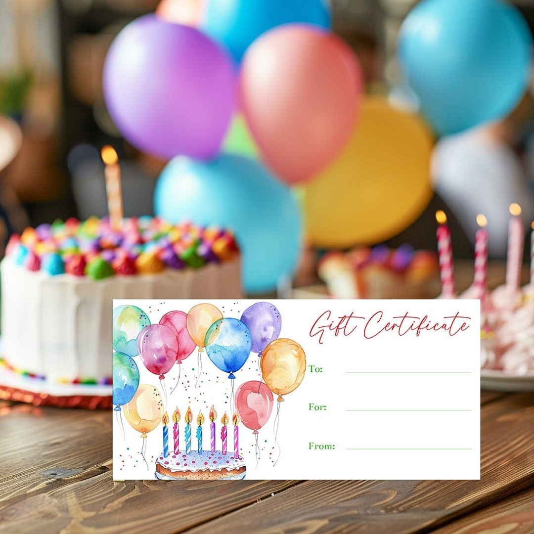 Editable Birthday Gift Certificate Voucher Template Balloons And Birthday Cake Printable Coupon Voucher Gift Is On The Way Certificate Corjl Etsy