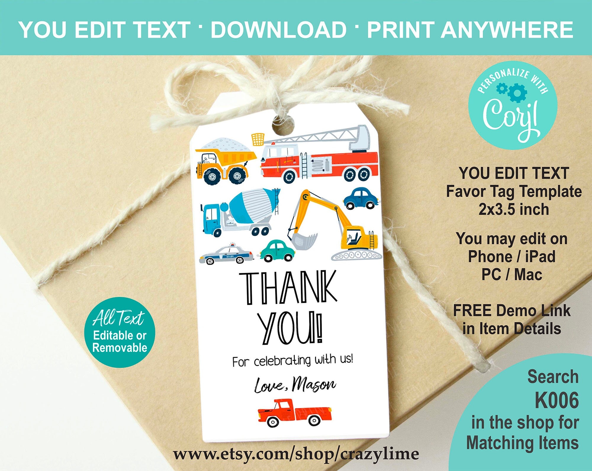 Editable Transportation Favor Tag Cars And Trucks Birthday Party Thank You Tag Label Hand Drawn Party Favour Printable Gift Tag K006 K004 Etsy