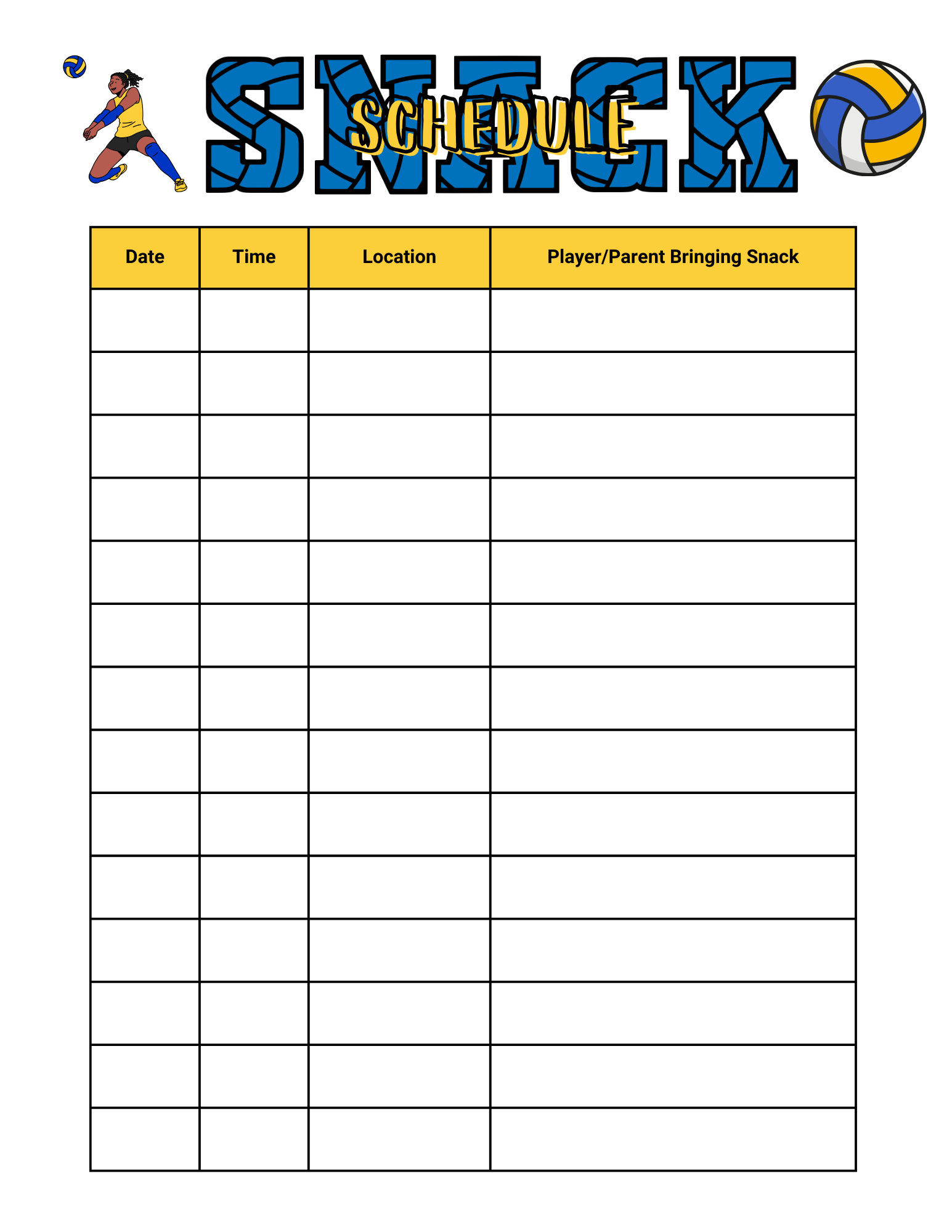 Editable Volleyball Snack Sign Up Sheet Printable Instant Download 
