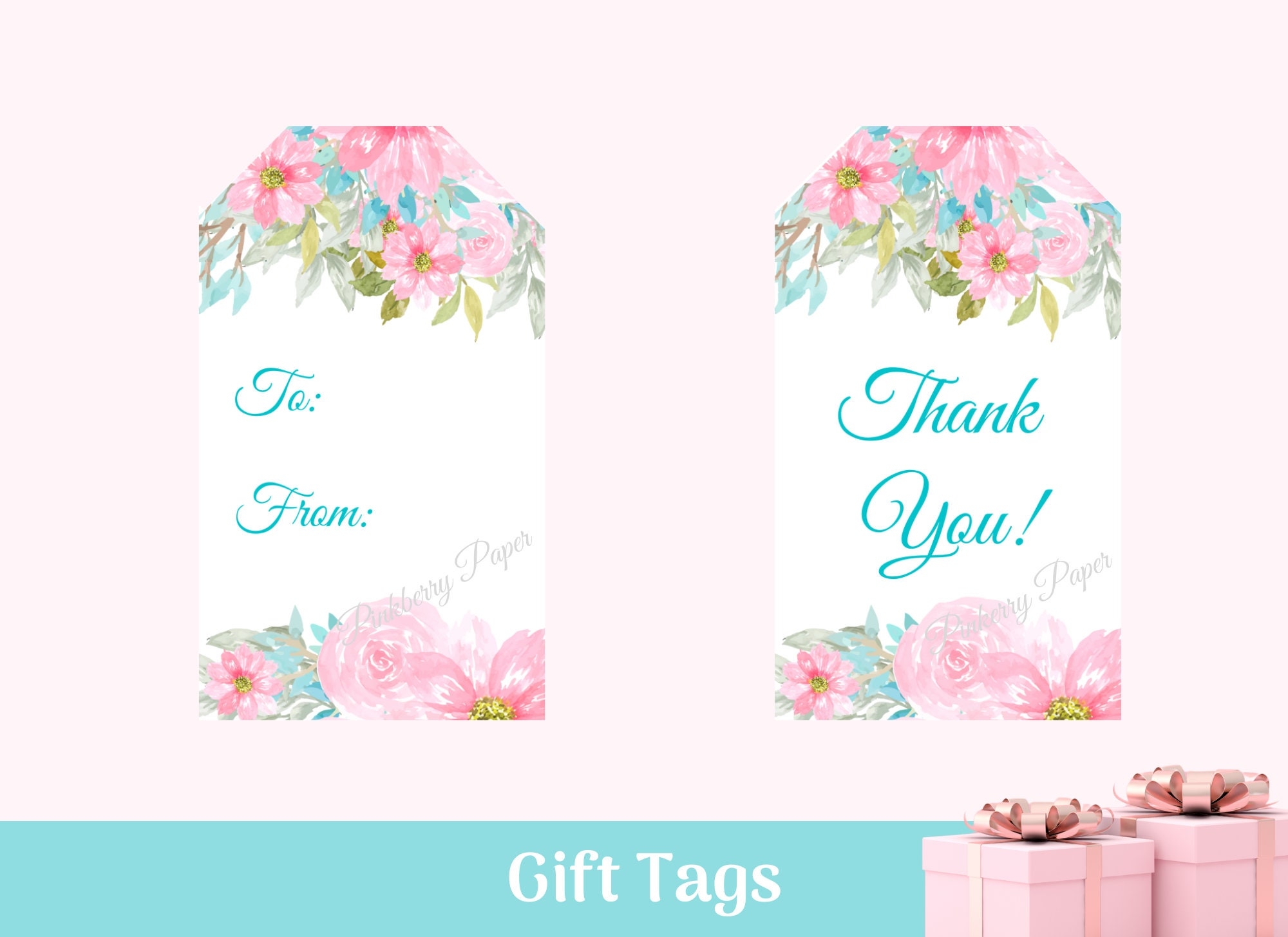 Elegant Pink And Teal Floral Gift Tags Thank You Gift Tags Ladies Event Door Prize Tags Party Favors DIY Printable Labels Etsy