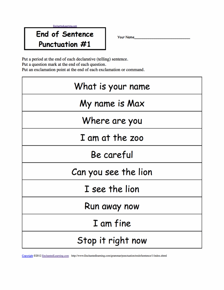 End Of Sentence Punctuation Printable Worksheets 