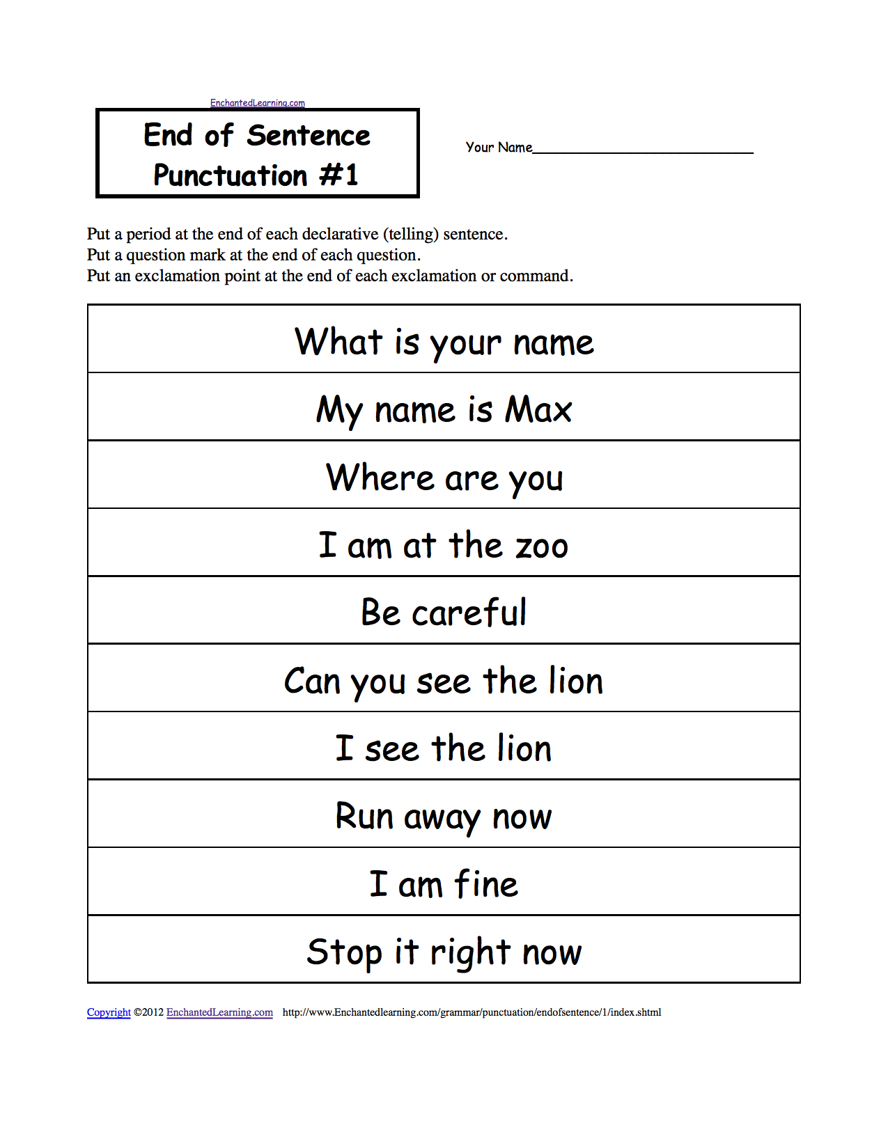 End Of Sentence Punctuation Printable Worksheets EnchantedLearning