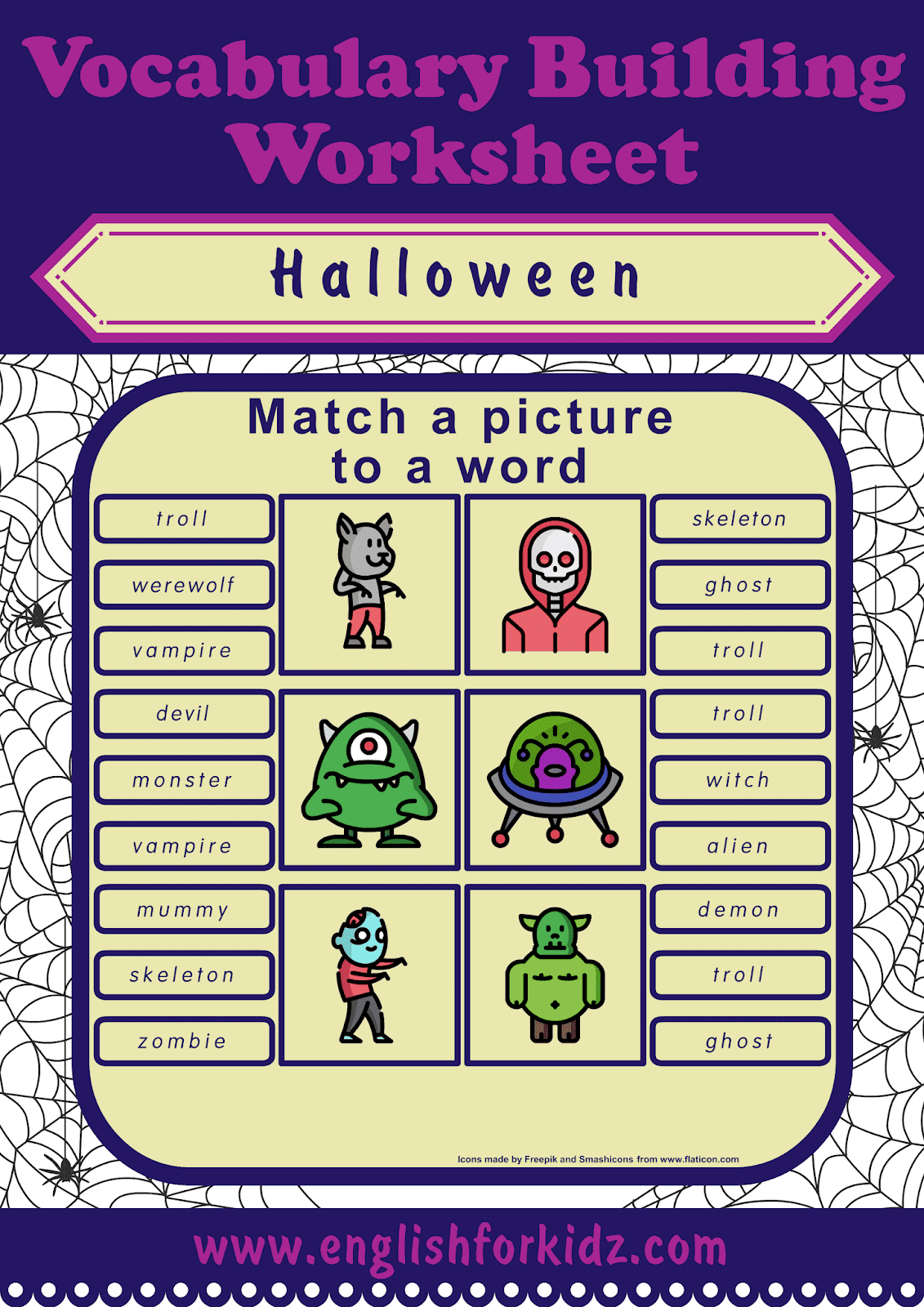English For Kids Step By Step Halloween Worksheets Picture To Word Matching