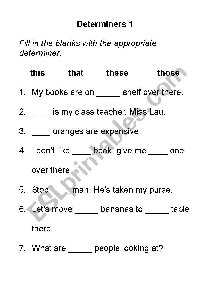 Free Printable Worksheets On Determiners