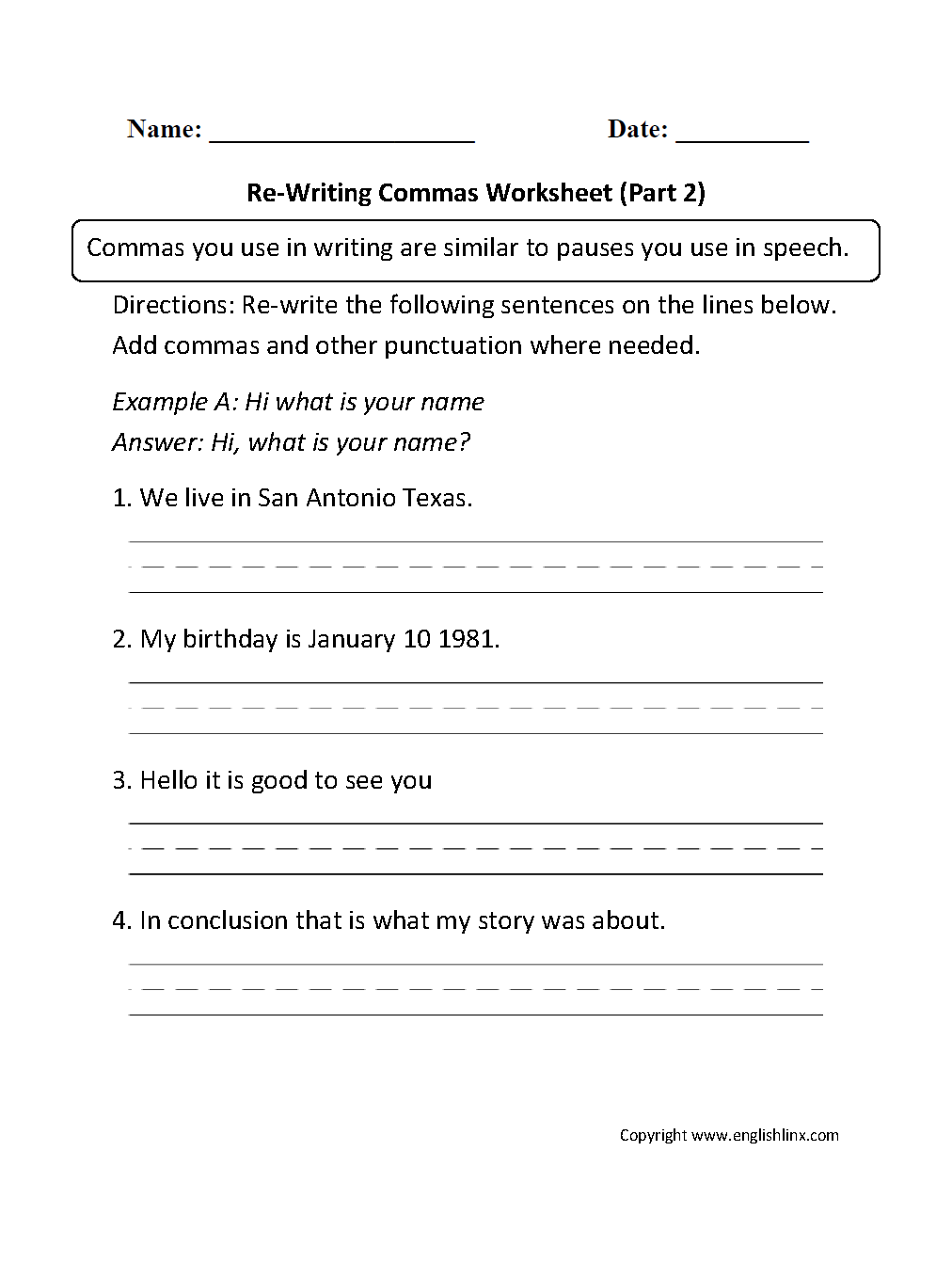 Englishlinx Commas Worksheets