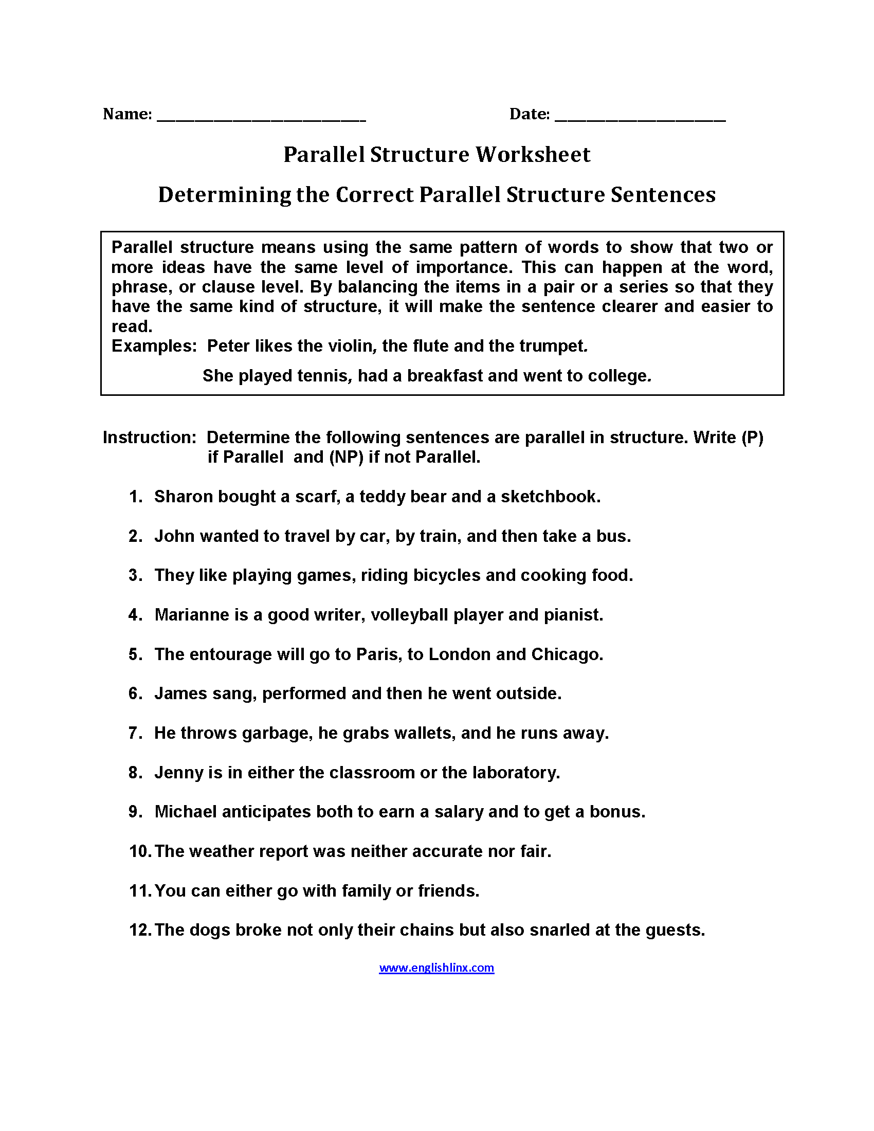 Englishlinx Parallel Structure Worksheets