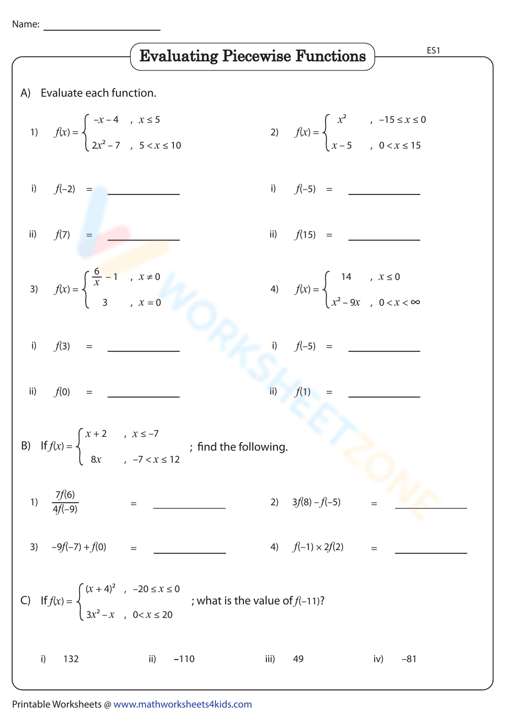Evaluating Piecewise Functions Worksheets 2025