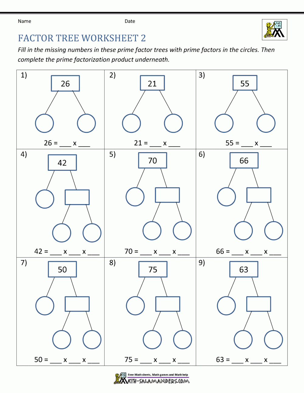 Factor Tree Worksheets Page