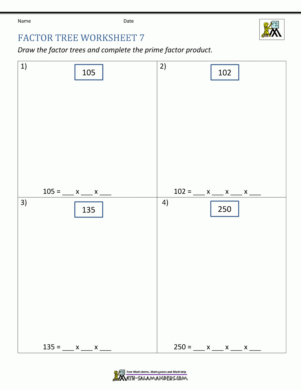 Factor Tree Worksheets Page