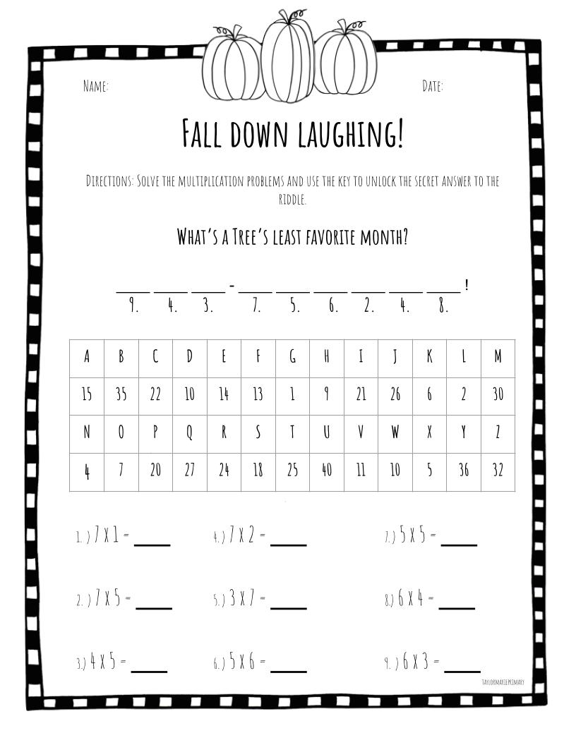 Fall Theme Secret Code Math Riddle Worksheets Multiplication 