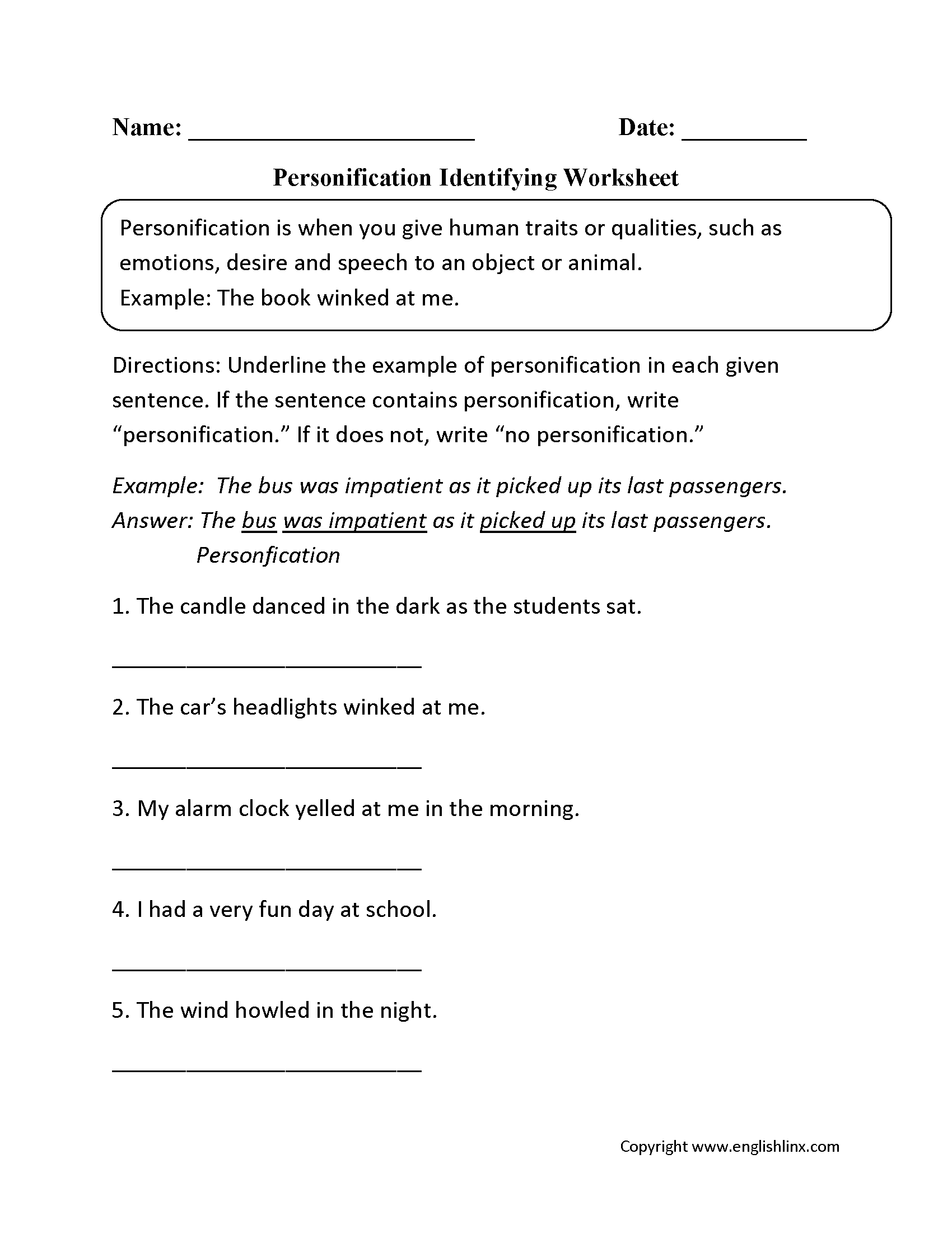 Figurative Language Worksheets Personification Worksheets