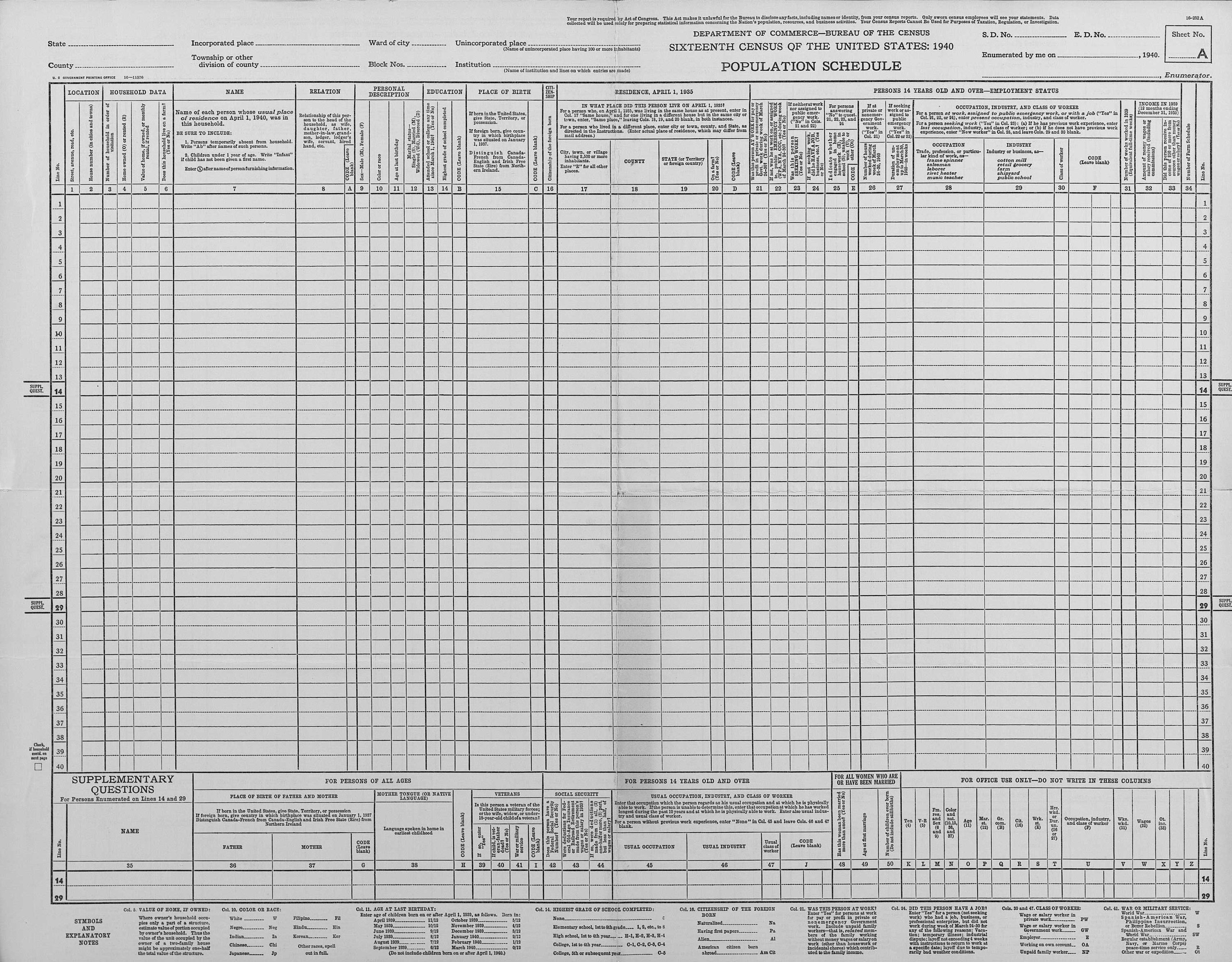 Free Printable Blank Census Forms