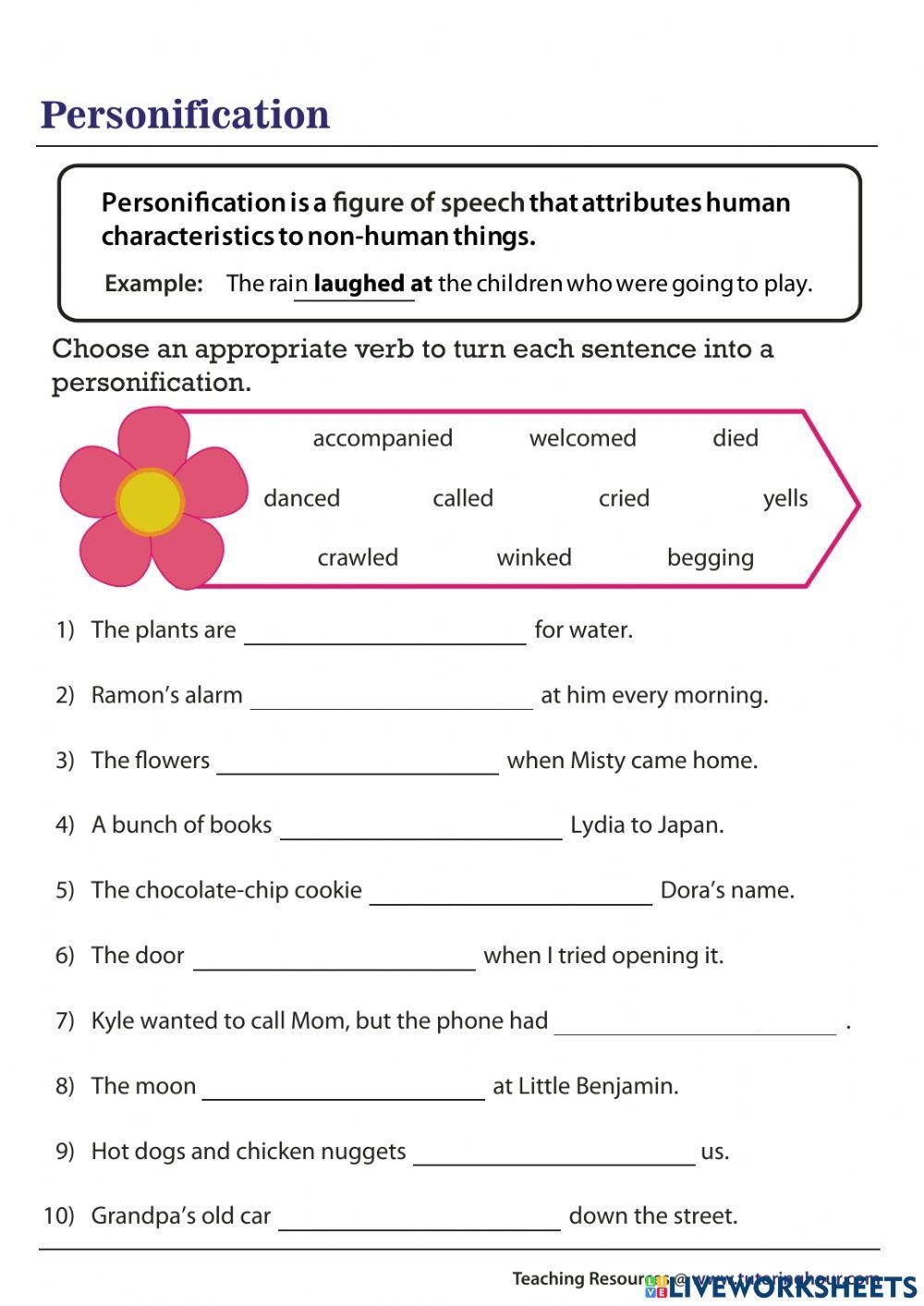 Fill In Personification Worksheet Online Exercise For Live Worksheets Library