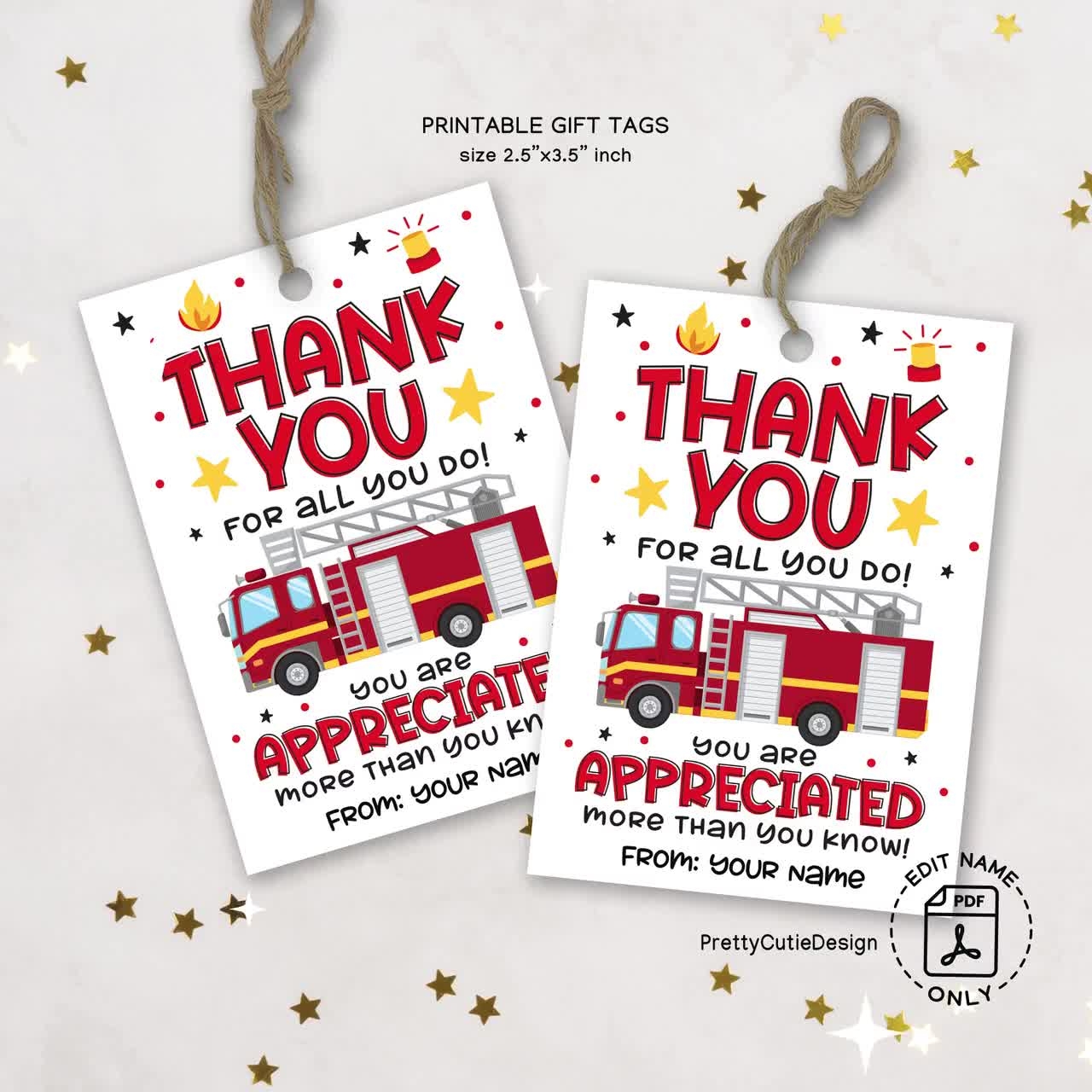 Firefighter Appreciation Tags Printable Thank You Fireman Gift Tags Fire Truck Party Favor Tags Firefighters Day Gift Tags