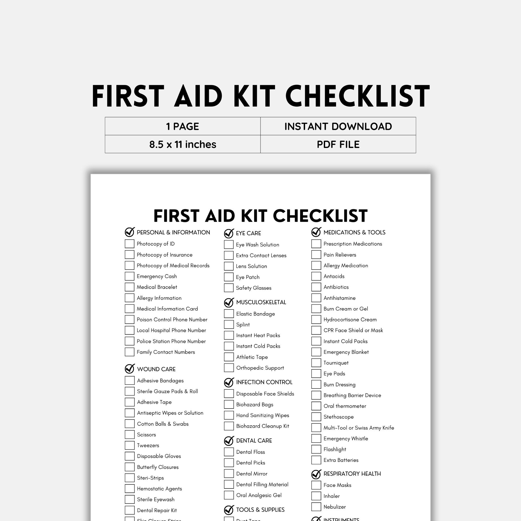 First Aid Kit First Aid Checklist Checklist Printable Survival 