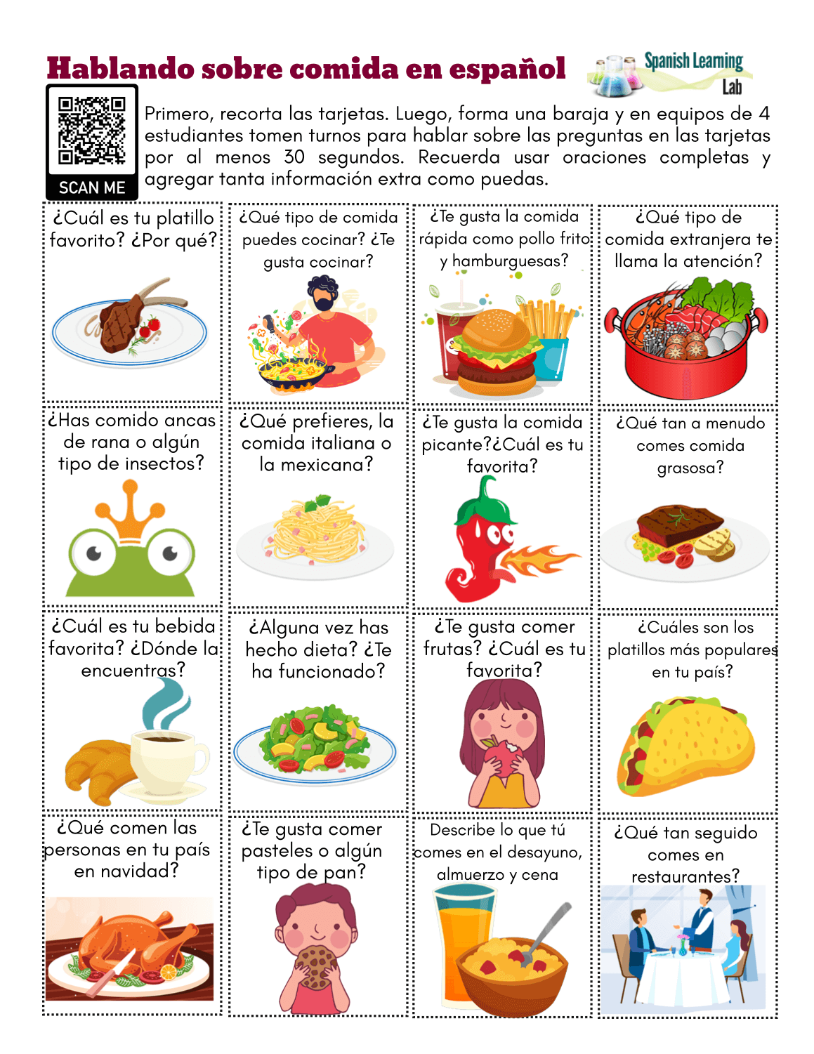 Food In Spanish Conversation Cards PDF Worksheet Spanish Learning Lab