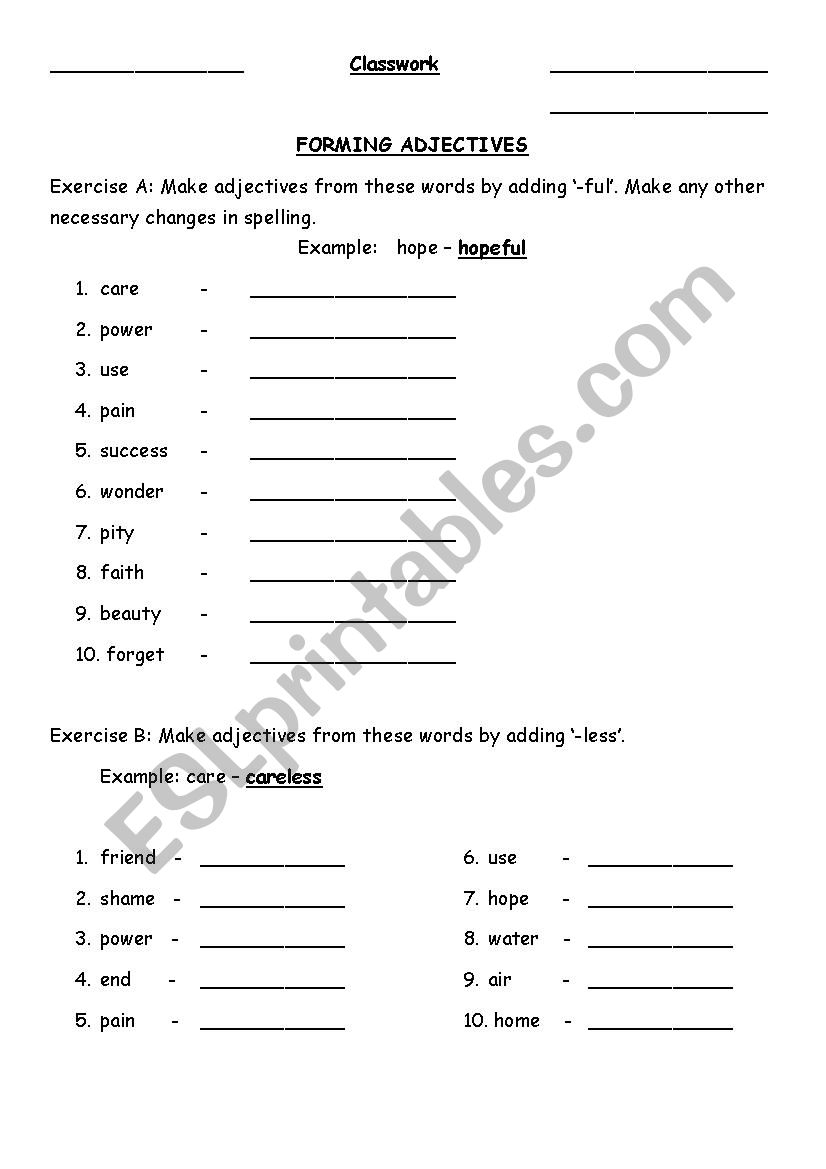 Free Printable Worksheets Forming Adjectives Free Printable Worksheets Forming Adjectives