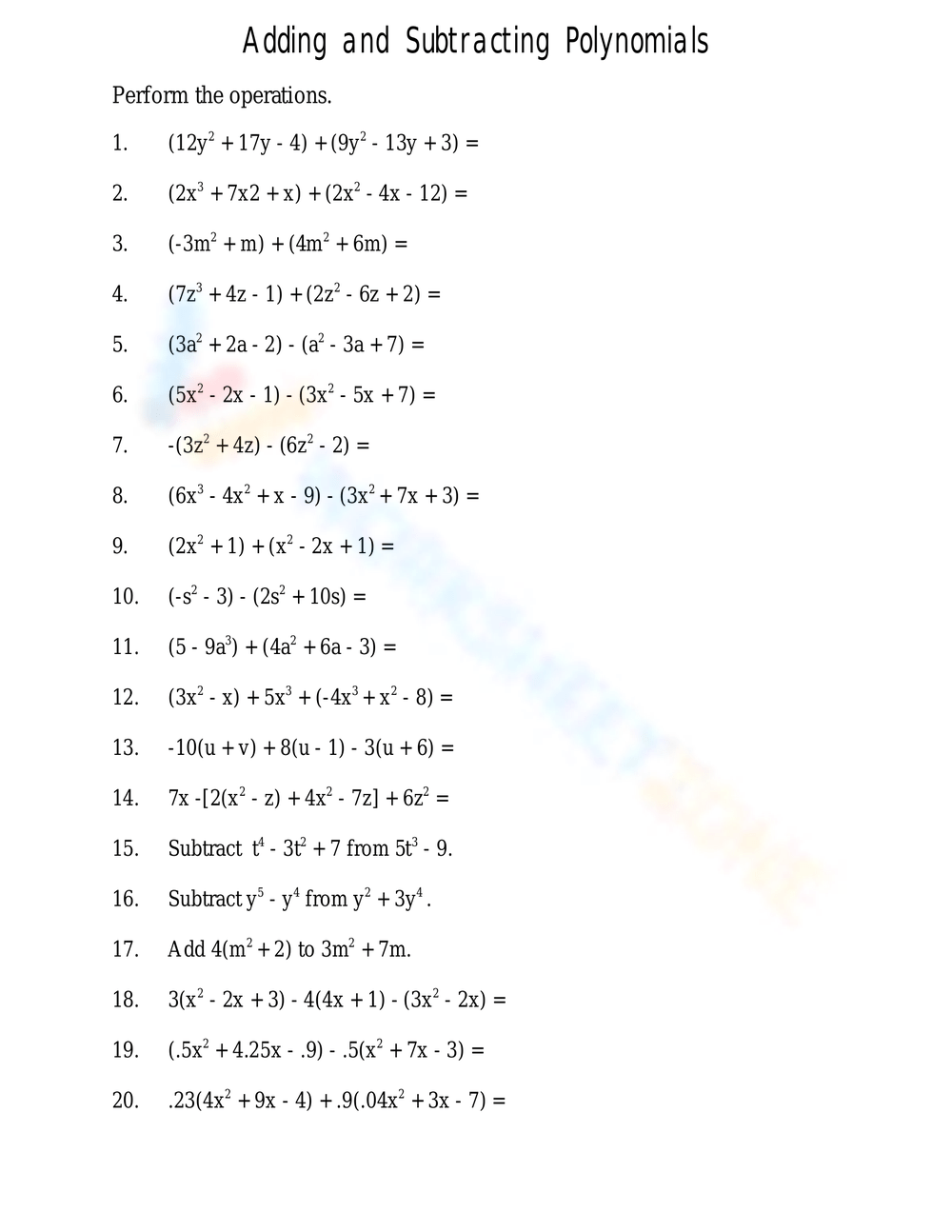 Free Adding And Subtracting Polynomials Worksheets Worksheets 