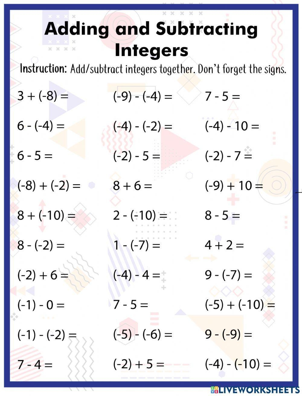Free Adding Integers Worksheet Download Free Adding Integers Worksheet Png Images Free Worksheets On Clipart Library
