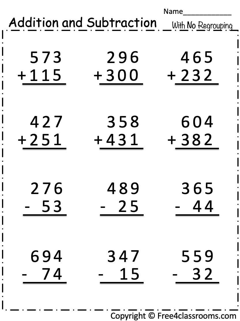 Free Addition And Subtraction Worksheet 3 Digit Numbers With No Regrouping Free Worksheets Free4Classrooms